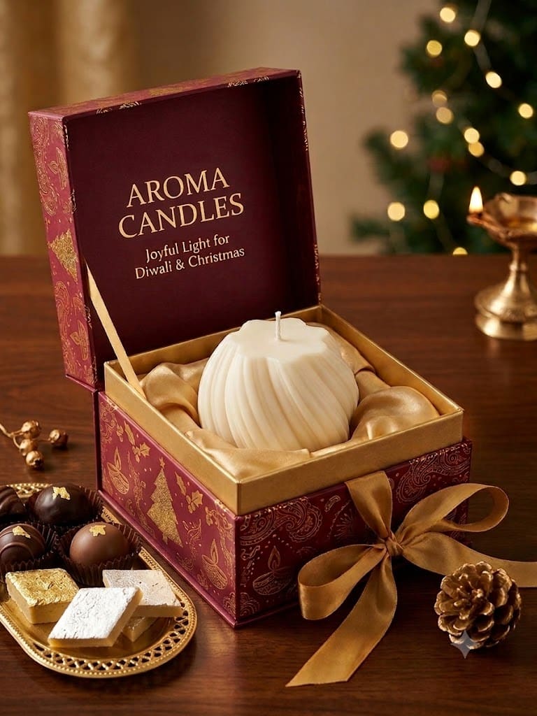 Aroma Candles Collection gift box with a soy candle, chocolates and Indian sweets, styled for Diwali and Christmas